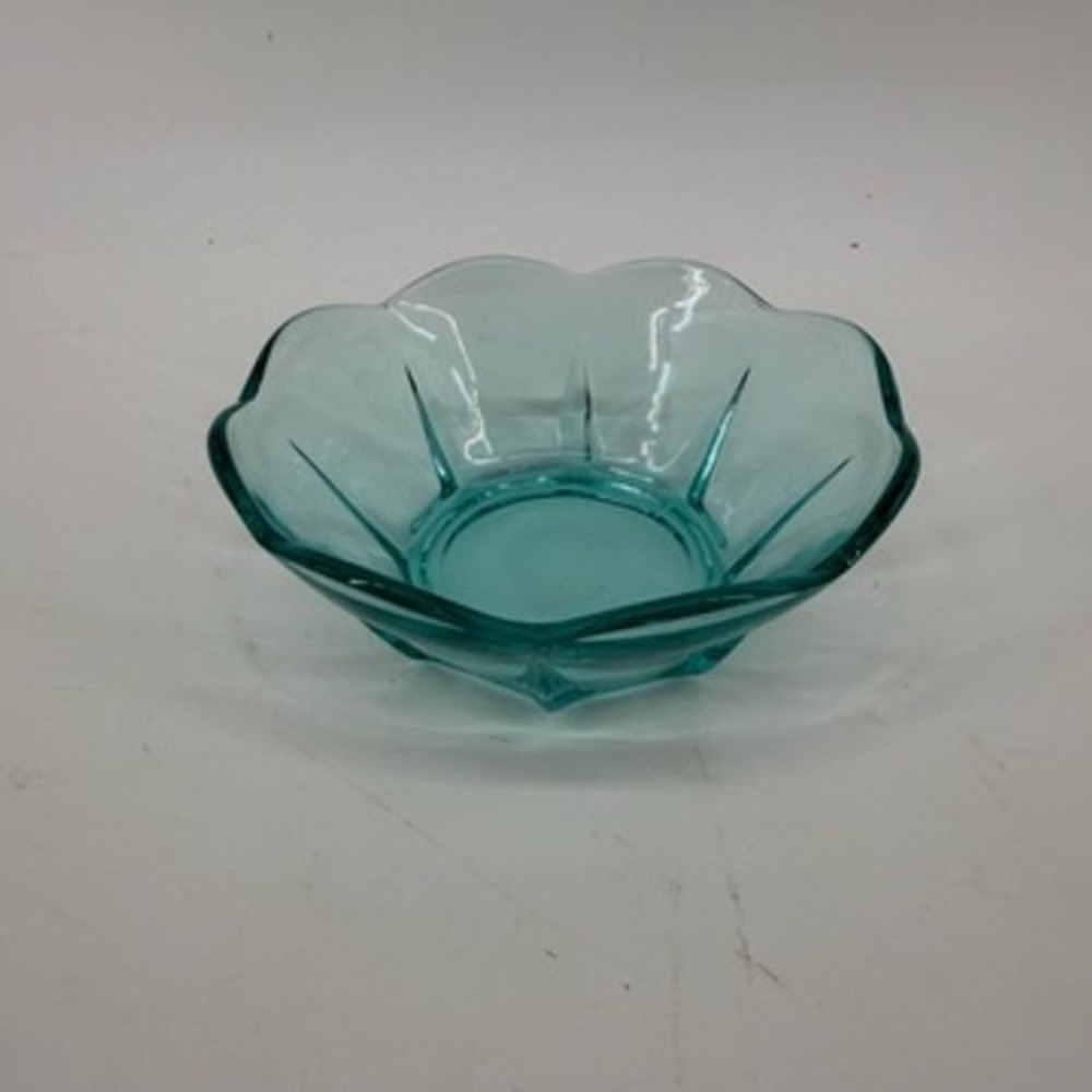 Vintage Aqua Blue Glass Starburst Bowl Scalloped Edge Mid Century Modern 5.25"